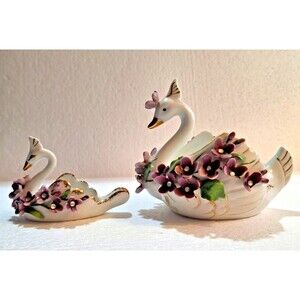 2 VTG 1950s Lefton China Swan Dishes Purple Flowers W Rhinestones Gold 160 - 197